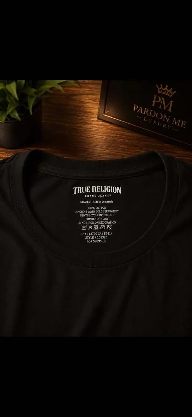 True Religion Men's Black Buddha Face Puff Print Crew Neck T-Shirt